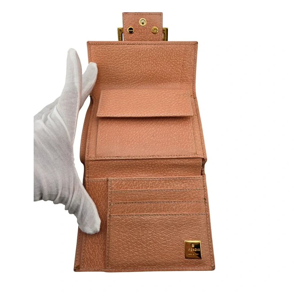 Fendi Peach Leather FF Logo Buckle Trifold Wallet Gold Hardware Compact